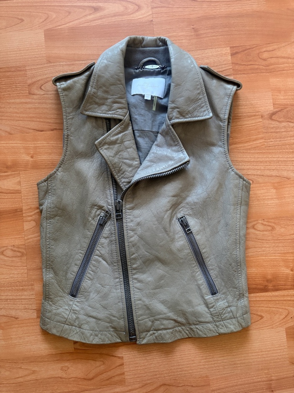 7 For All Mankind Light Olive Green / Gray Leather Moto Vest